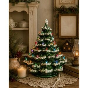 Vintage Lit Ceramic Christmas Tree Snow Lights Birds Music Box Base  19" tall